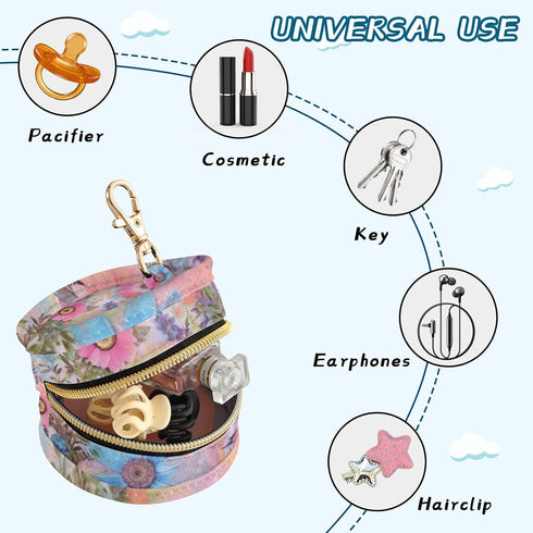 YETTASBIN Watercolor Floral Portable Pacifier Holder Case with Metal Hook Buckle & Zipper for Diaper Bag and Stroller