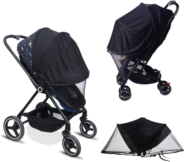 Baby Mosquito Net for Stroller, 2 in 1 Adjustable Sunshade, Breathable Double Zip Mosquito Netting (Upgrade, Black)