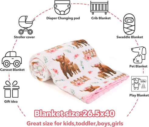 Highland Cow Lovey Baby Blanket for Boys Girls, Soft Fleece Minky with Dotted Backing, Newborn Toddler Crib Gift (26.5