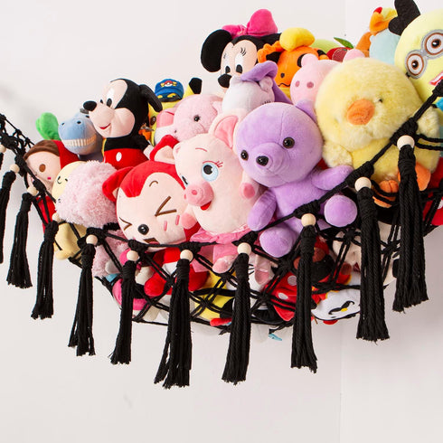 Stuffed Animal Toy Hammock Hanging, Macrame Organizer Storage for Plush Toys, Large Corner Net Holder (Black)