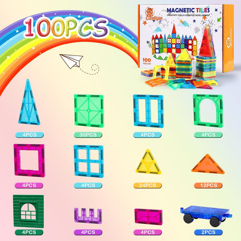 Magnetic Tiles, 100PCS Magnet Building Toys, Stacking Blocks, Perfect STEM Gift for Kids, Boys and Girls