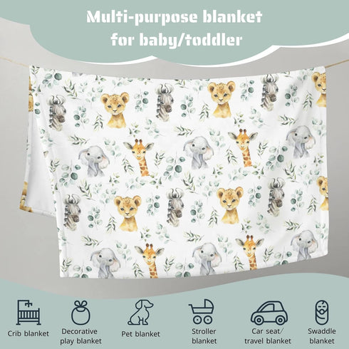 Safari Jungle African Animal Eucalyptus Leaf Baby Blanket, Boys Gift, Elephant Giraffe Zebra Lion Flannel Fleece