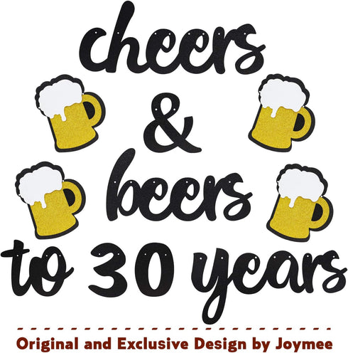Joymee Cheers to 30 Years Black Glitter Banner for 30th Birthday, Wedding Anniversary Party Supplies Decorations