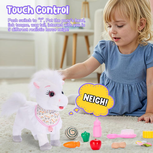 Ylpaprm White Walking Pony with Leash Toy Horses Electric Ponie That Walks,Plush Horse Toy for Kid Talking Musical