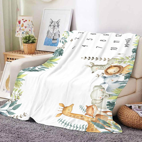 Safari Baby Milestone Blanket with Birth Stat Sign, Jungle Animals Monthly Growth Chart, 50"x40" Baby Nursery