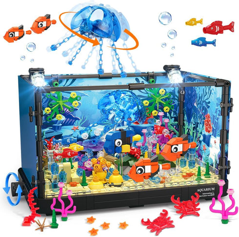 HOGOKIDS Fish Tank Building Set - 725PCS Movable Aquarium Toys with LED Light for Kids Age 8-14