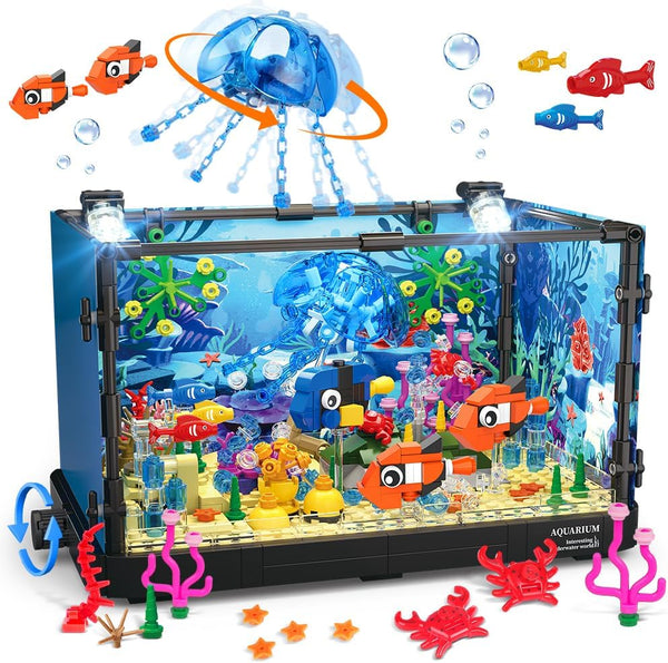 HOGOKIDS Fish Tank Building Set - 725PCS Movable Aquarium Toys with LED Light for Kids Age 8-14