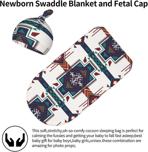 Western Aztec Newborn Baby Swaddle Blanket, Native Southwest Sleep Sack Wrap with Beanie Hat Sets for Infant Boy Girl