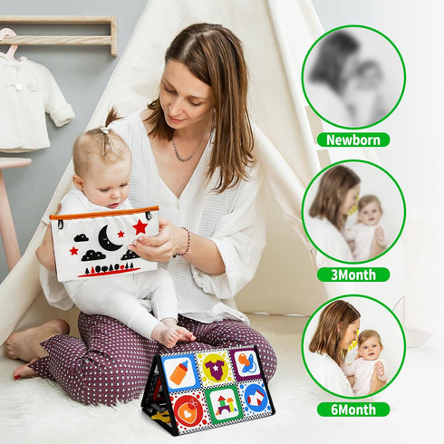 Dr.Rapeti Black and White Tummy Time Floor Mirror for Baby, Infant, Toddler Kids, Washable Non-Toxic Toy with Crinkle