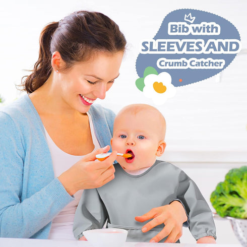 4 Pack 6-36 JaGely Long Sleeve Bibs Baby Smock Waterproof Sleeved Bids with Food Catcher for Baby Eating Feeding Ages