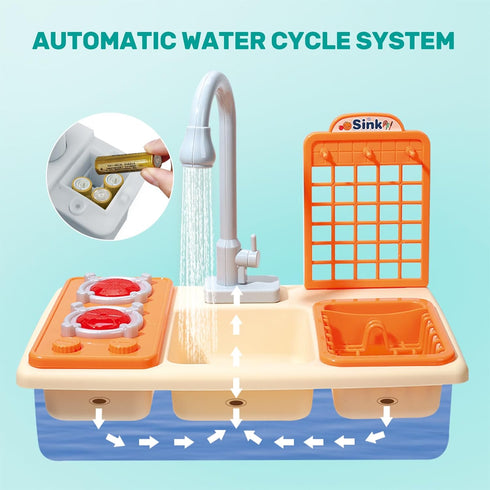 CUTE STONE Pretend Play Kitchen Sink Toys - Cooking Stove with Realistic Light and Sound