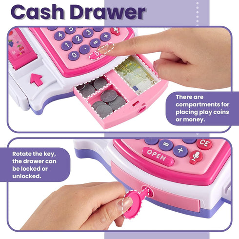 3 4-8+ BUYGER Kids Cash Register Toy with Scanner, Receipt Printer, Microphone, Shopping Play Food - Pretend Role Play