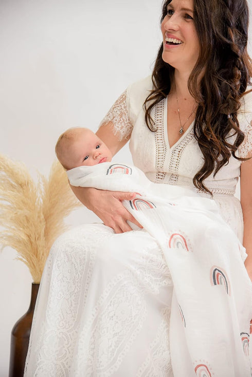 2 Pack Set Baby Swaddle Blanket - | Boho Rainbows + Raindrops | Muslin Cotton Blend | Newborn Essentials | Boys & Girls