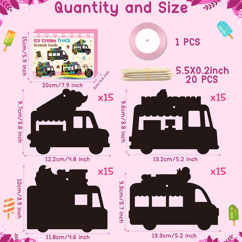 CY2SIDE 60PCS Summer Set Ice-Cream Truck Scratch Cards - Ice Cream Cart Scratch Craft Paper Ornament Gift for Kid