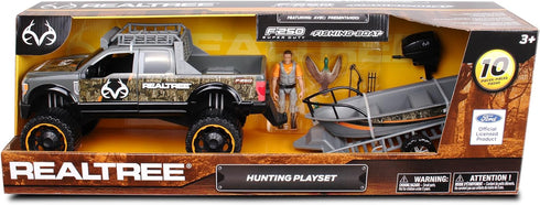 NKOK Realtree 1/18 Scale Free-Wheel Playsets, 10-PC Set with Ford F-250 Super Duty Fishing Boat