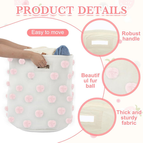 Sunnymove 17.5" 20.8" Pink D x H Pom Pom Basket Bin Large Cotton Canvas Laundry Hamper Baby Girl Laundry Basket