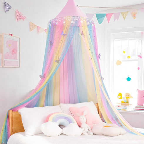STAOLENE Rainbow Princess Bed Canopy for Girls, Breathable Hanging Mosquito Net with Glitter Star & Moon Tassels, Fits
