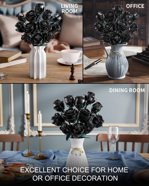 TYCOLE Sets, 8-12 (512Pcs) Black Roses Flowers Building Artificial Bouquet Botanical Collection Building Blocks