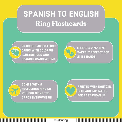 Mudpuppy Spanish to English Ring Flashcards: 26 Durable Bilingual Language Cards with Colorful Art for Ages 1+