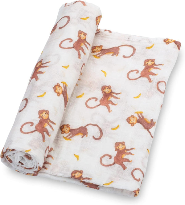 100% Muslin Cotton Swaddle Blanket, Gender Neutral Newborn Nursery Essentials for Girls and Boys, Monkey Print