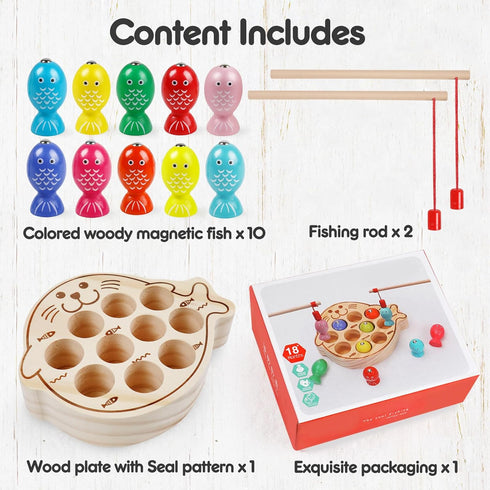 Magnetic Wooden Fishing Game Toys, Toddler Montessori Puzzle for Boys Girls Ages 3+, Educational Activities