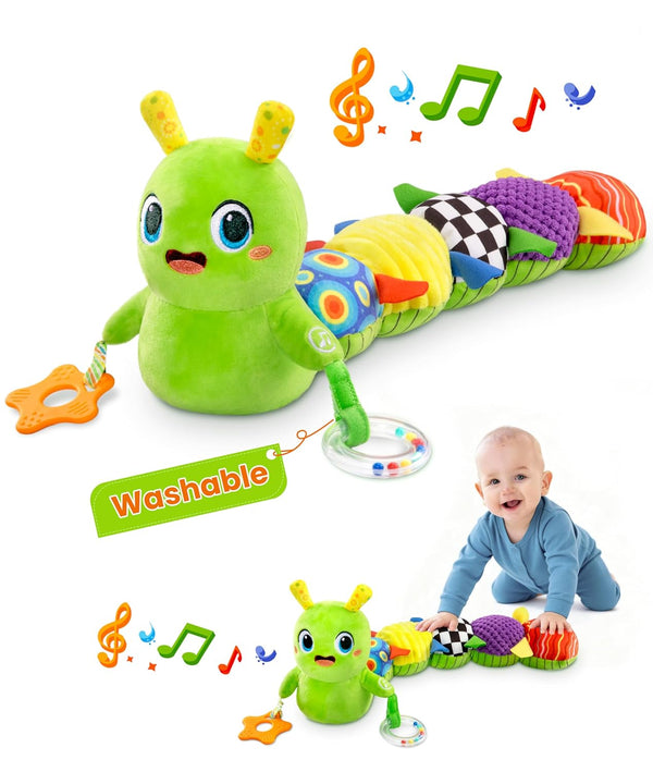 gogonova Baby Musical Caterpillar Toy 0-12 Months, Washable Teething Rattle with 10