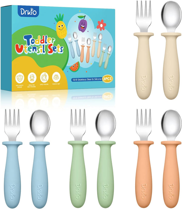 8 Pieces Toddler Utensils Set, Kids Silverware with Silicone Handle, Safe 18/8 Stainless Steel