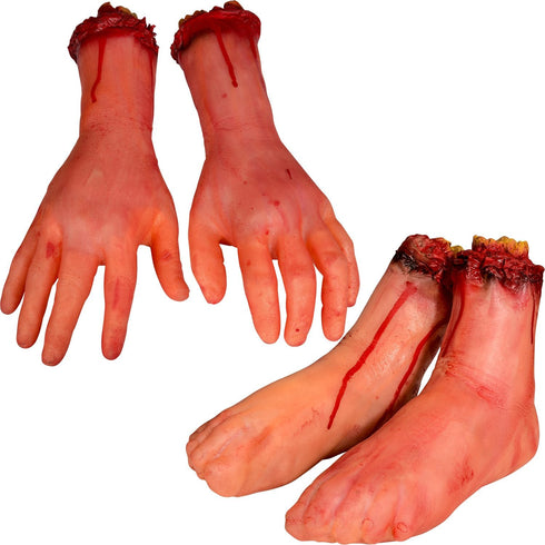XONOR Halloween Fake Human Arm and Foot - Bloody Dead Body Parts Decorations, 4-Pieces (1 Pair Hands, 1 Pair Feet)