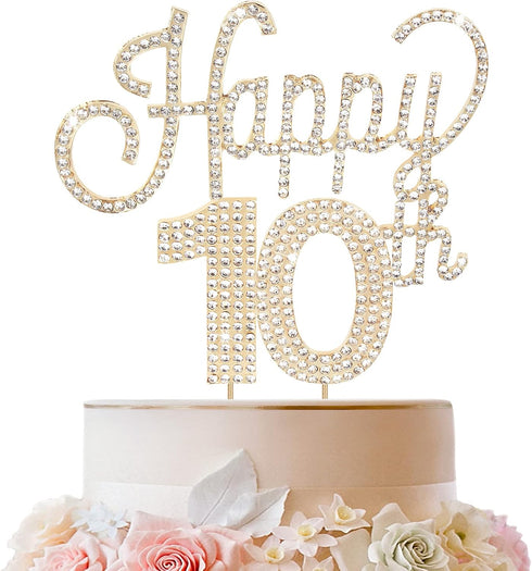LINGTEER Happy 10th Birthday Gold Rhinestone Cake Topper - Cheers to 10 Years Old Party Centerpieces Decorations
