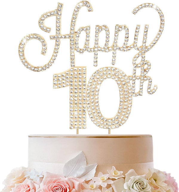 LINGTEER Happy 10th Birthday Gold Rhinestone Cake Topper - Cheers to 10 Years Old Party Centerpieces Decorations