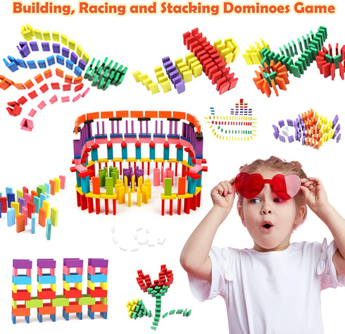 WOOD CITY 1000 Piece Dominoes Set for Kids, Colorful Tiles for Building, Stacking, Racing, with Extra 20 Blocks and