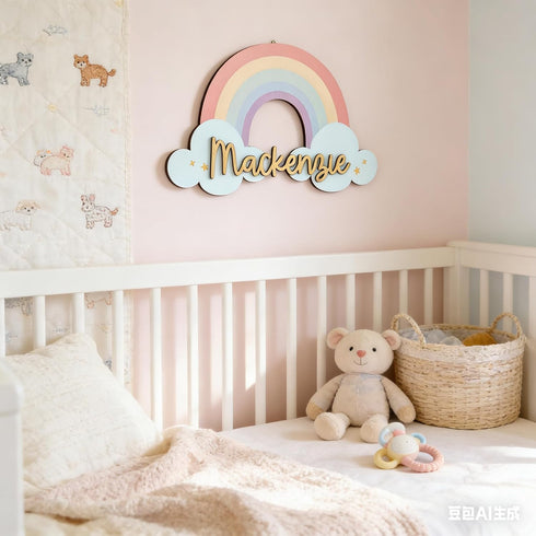 Personalized Rainbow Name Sign for Kids Room, Custom Wooden Name Wall Decor, Baby Girl Nursery Wall Art, Rainbow