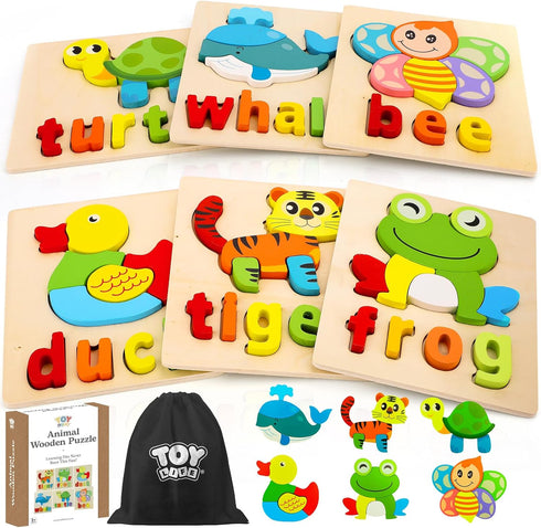 TOY Life Toddler Puzzles Ages 2-4, 6 Animals with Spelling Wooden Puzzles