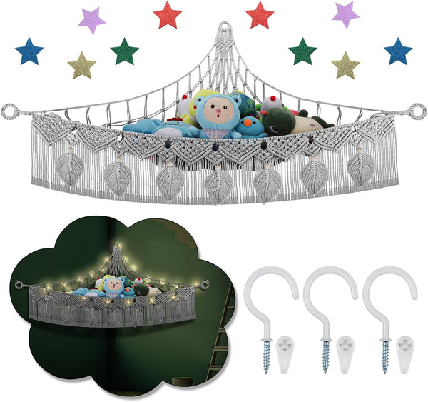 Stuffed Animal Storage Hammock Corner, 56'' Jumbo Hanging Net Organizer, Boho Leaf Tassel Toy Storage with LED Light