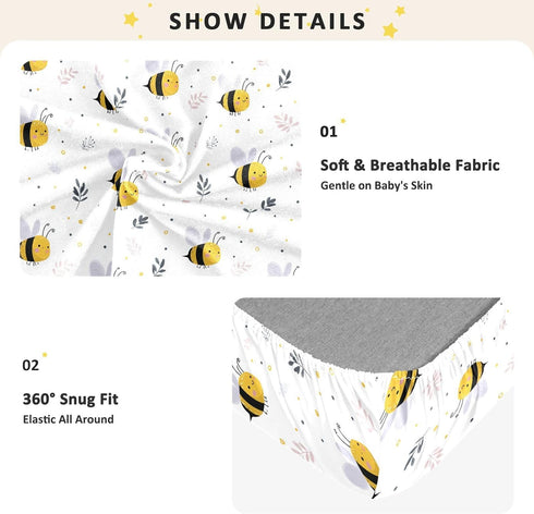 miaozhen 1 Pack 52x28 Cotton Crib Sheets for Baby Boys Girls Soft Stretchy Cute Cartoon Creature Bee White Newborns