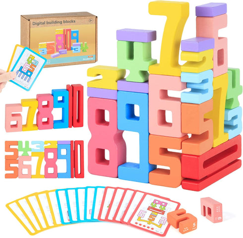 Niyopdg 20Pcs Wooden Number Building Blocks,1-10 Montessori Number Digital Block,Counting Number Blocks Toys