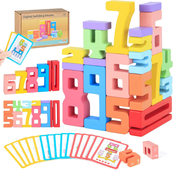 Niyopdg 20Pcs Wooden Number Building Blocks,1-10 Montessori Number Digital Block,Counting Number Blocks Toys