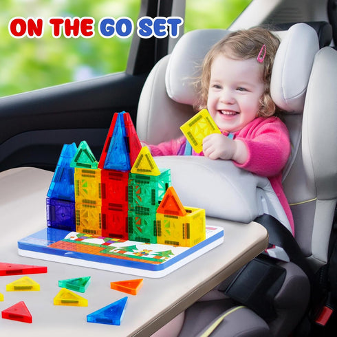 Gemmicc 58 PCS Mini Magnetic Tiles, Travel Magnet Construction Toys with Metal Storage Box, Sensory Montessori Toys