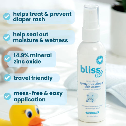 Bliss Baby Diaper Rash Cream Spray - Fragrance-Free, No Touch & Mess-Free, Treats, Soothes & Prevents Diaper Rash, Zinc