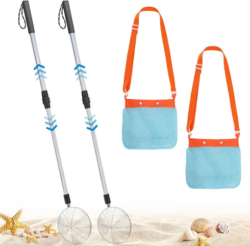 2 Pack Sand Sifter with Seashell Bags - 21.6"~33" Adjustable Shark Tooth