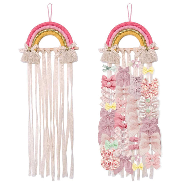 NICROLANDEE Rainbow Tassels Hair Bows Holder, Baby Hair Accessories Storage Organizer for Girls Room Decor (Pink Yellow)