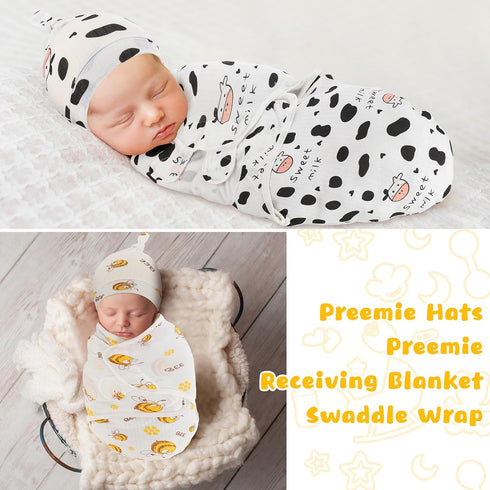 Chuarry 3 Pack Set Preemie Swaddle Blanket with Hat Preemie Hats Baby Receiving Blanket Swaddle Wrap for Newborn