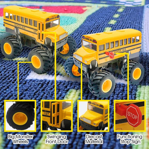 ArtCreativity 5 Inch Pullback School Bus Toy Set - Set of 2 Yellow School Buses with Monster Wheels - Diecast Bus