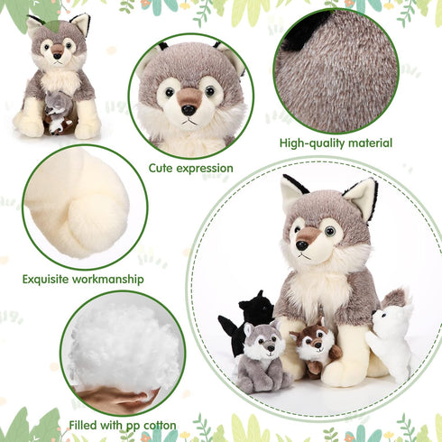 Honoson 5 Pcs Wolf Plush Set - 14 Inch Mommy Wolf Stuffed Animal with 4 Cute Baby Wolves, Soft Plushie Gift