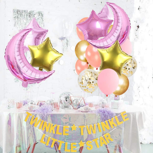 Twinkle Twinkle Little Star Decorations, Baby Shower or Birthday Party, Moon and Star Balloons, Pink and Gold