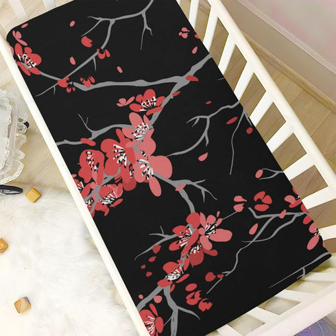 Red Cherry Blossoms Baby Crib Sheets - Japanese Flower Breathable Soft Fitted Sheets for Boys and Girls