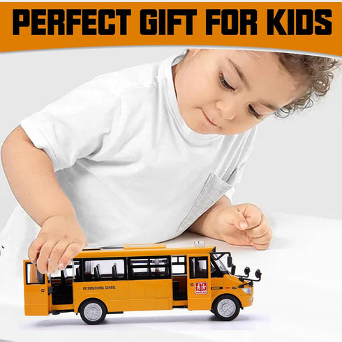Die Cast School Bus Toy 9'' Model Cars with Lights & Sounds, Openable Doors, Large Yellow Metal Vehicle for Kids