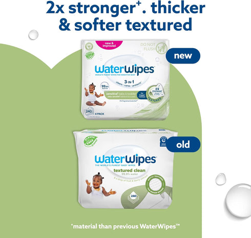3-In-1 99.9% 240 Count (4 Packs) WaterWipes Sensitive+ Baby & Toddler Wipes, Cleans, Cares, Protects, Water, Textured