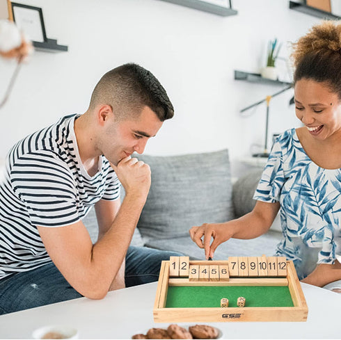 GSE Wooden Shut The Box 12 Numbers Dice Game Board with 2 Wooden Dices, Classic Tabletop Version