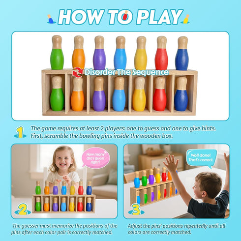 pamexin 7 Family Games for Kids, Wooden Bowling Color Matching Game with Bright Pins and Storage Bag, Family Board